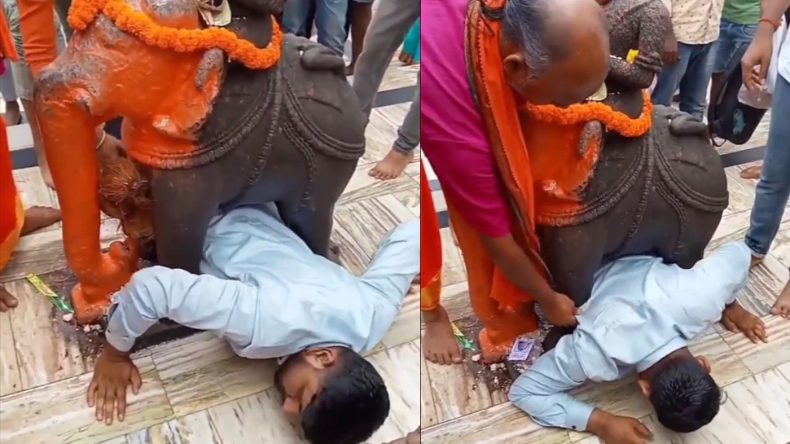 Viral Video: गुजरात मंदिर में हाथी की मूर्ति के नीचे फंसा भक्त, वीडियो हुआ वायरल