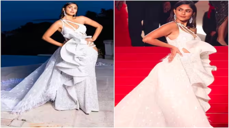 Cannes 2023: कान्स में Mrunal Thakur के व्हाइट कटआउट गाउन से उड़े सबके होश, देखें तस्वीरें