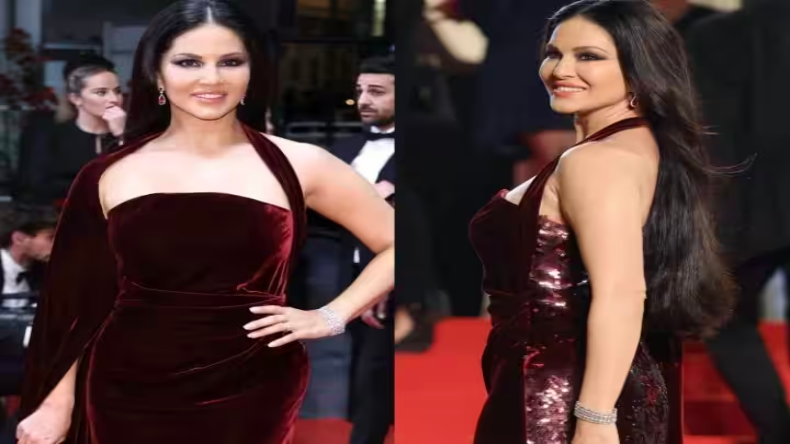 Cannes 2023 में हॉल्टर नेक वेलवेट गाउन पहने अप्सरा दिखीं Sunny Leone, लुक देख फैंस ने हारा दिल